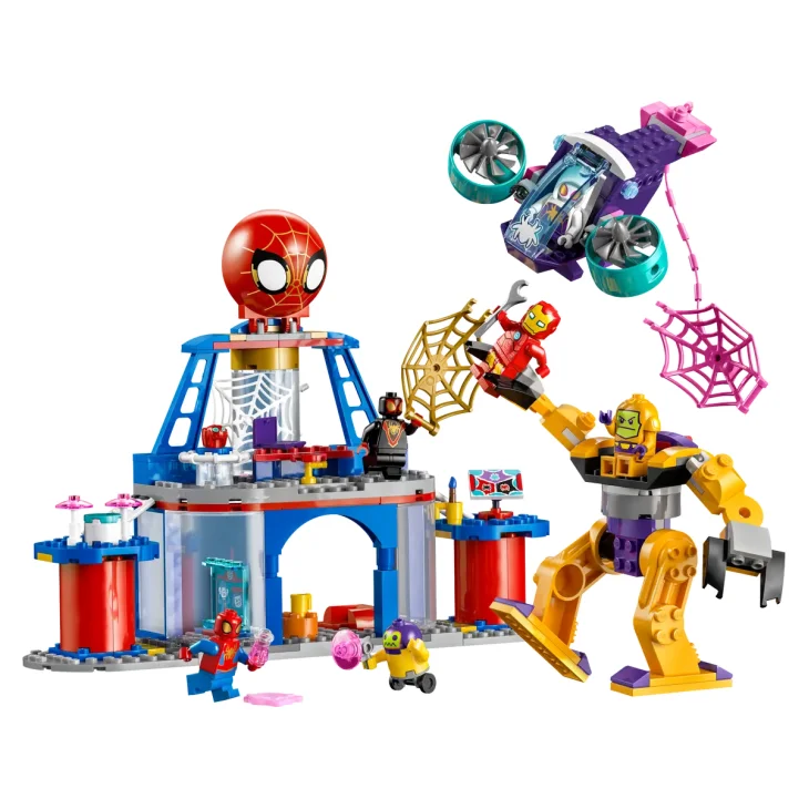 Spider-Man LEGO hoofdkwartier met rode en blauwe toren, heldenfiguren, gele reuzenrobot, vliegend voertuig en spinnenwebben