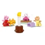 Overzicht van LEGO DUPLO figuren: Peppa Pig in rode jurk met hond, Suzy Sheep op kinderstoel, Pedro Pony en verjaardagscadeaus